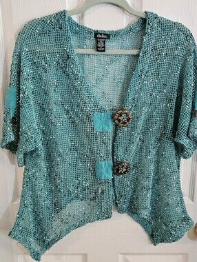 Dalin Blue Green Open-Knit Lightweight V-Neck Button Cardigan Sweater Women’s M